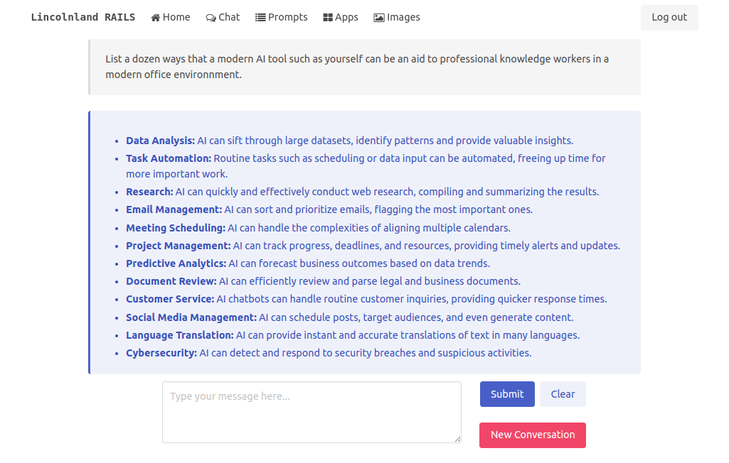 Screenshot of an AI chat interface from LincolnLand RAiLS, listing a dozen ways AI can assist professional knowledge workers in a modern office environment.